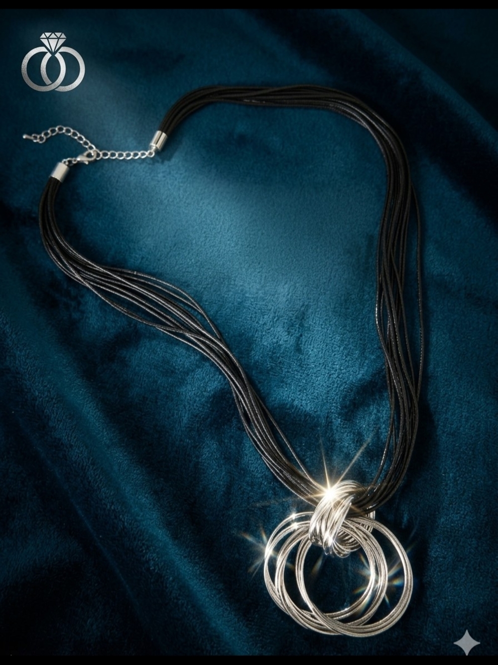 Elegant Black Multi-Strand Necklace with Silver Interlocking Rings